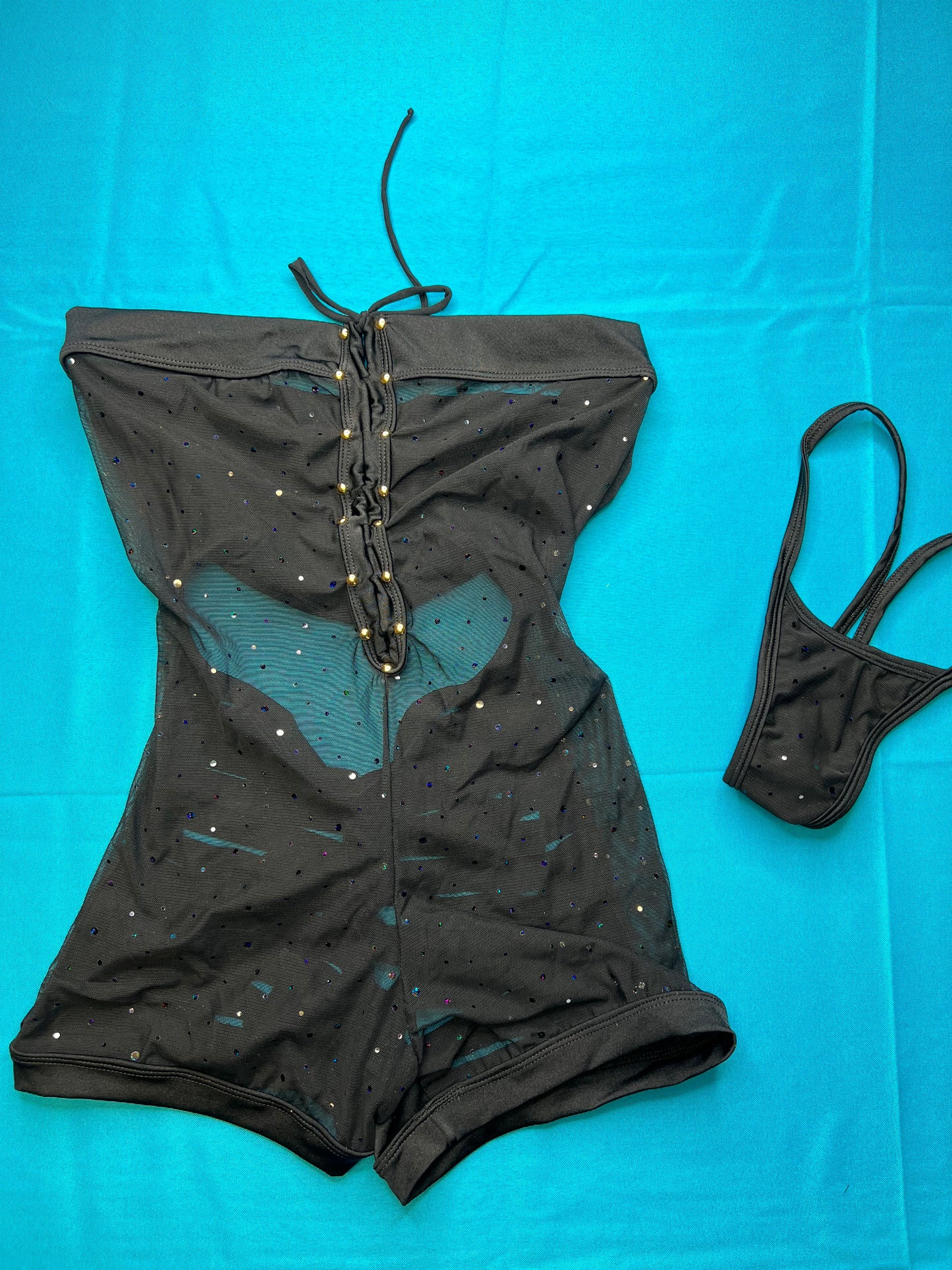 Black Mesh/Silver Sparkle One-Piece Exotic Wear Ripped Back