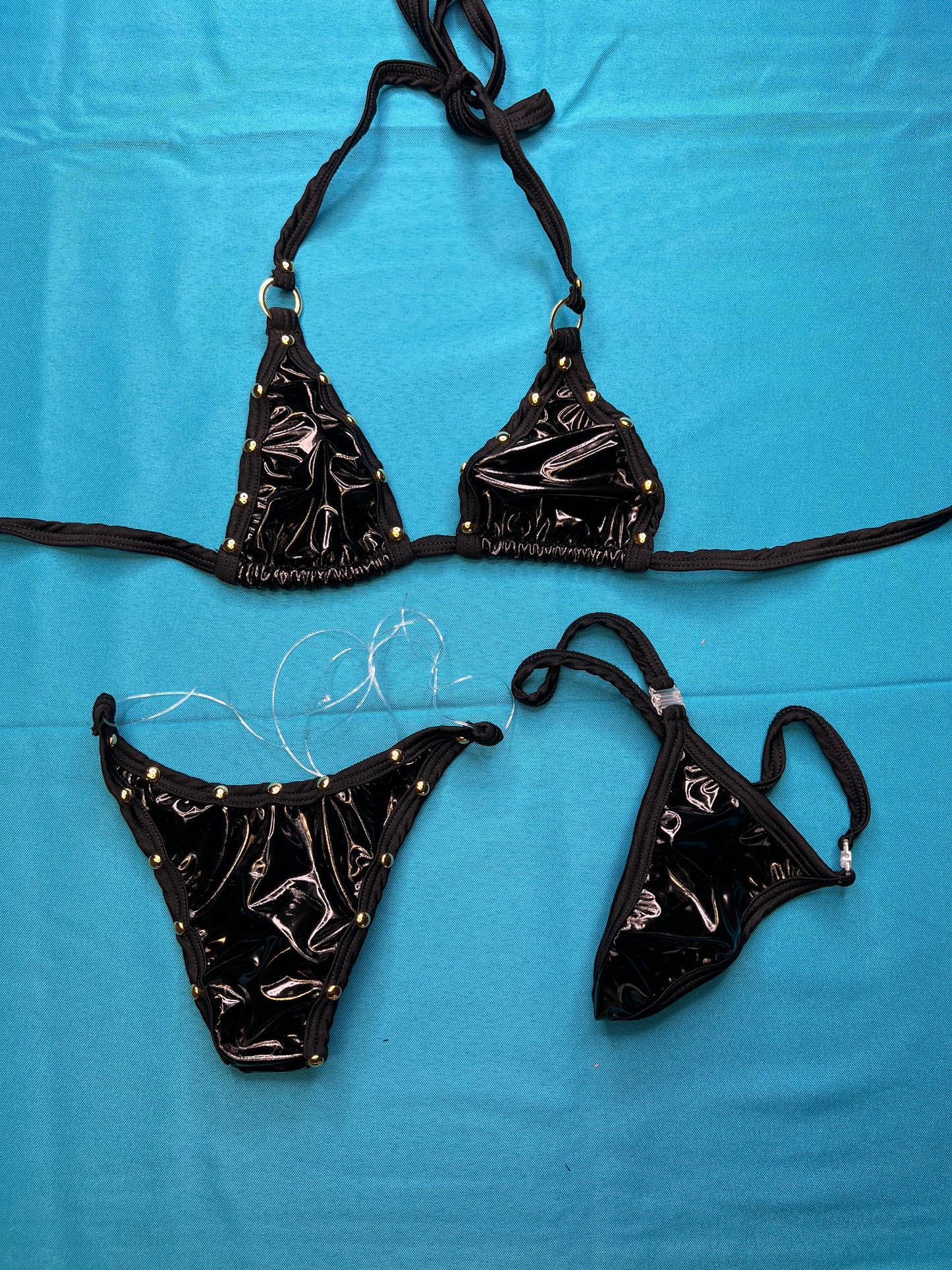 Black Latex Exotic Dance Wear Two-Piece Set for Night of Passion