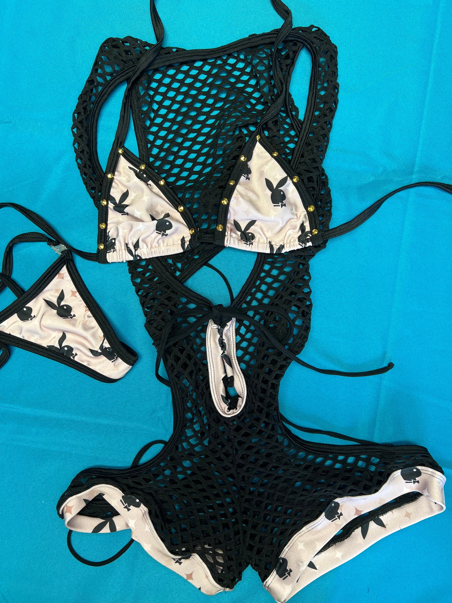 One-Piece Grey/Black Shoulder Strap with Bikini Top Stripper Outfit