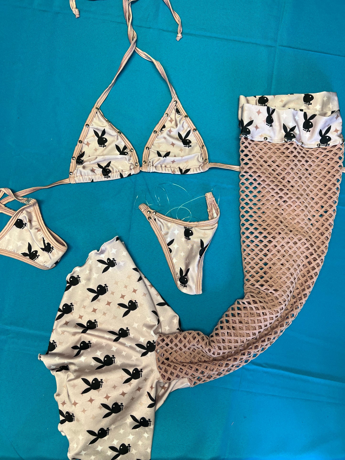 Grey Stretch Fabric/Nude Fishnet Leg Outfit Exotic Dance Wear