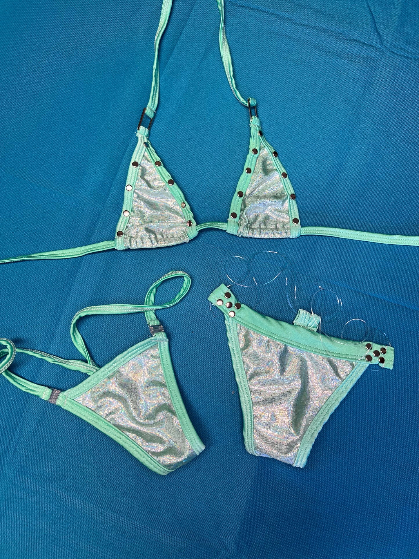 Cyan Blue/Metallic Stretch Fabric Two-Piece Bikini & Stripper Outfit