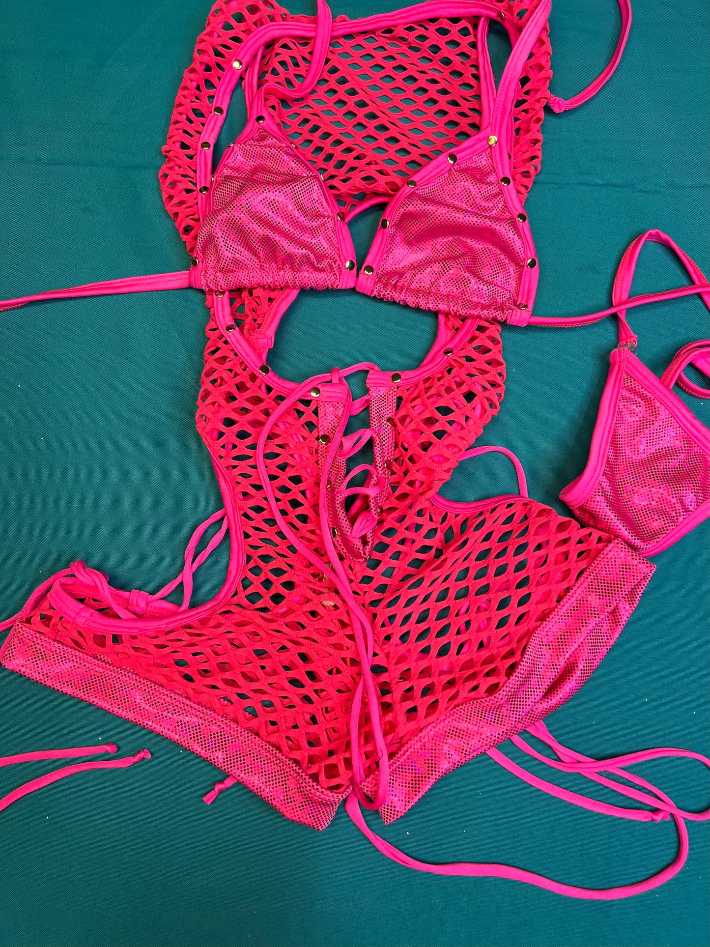 One-Piece Hot Pink Shoulder Strap Fishnet Romper Stripper Outfit