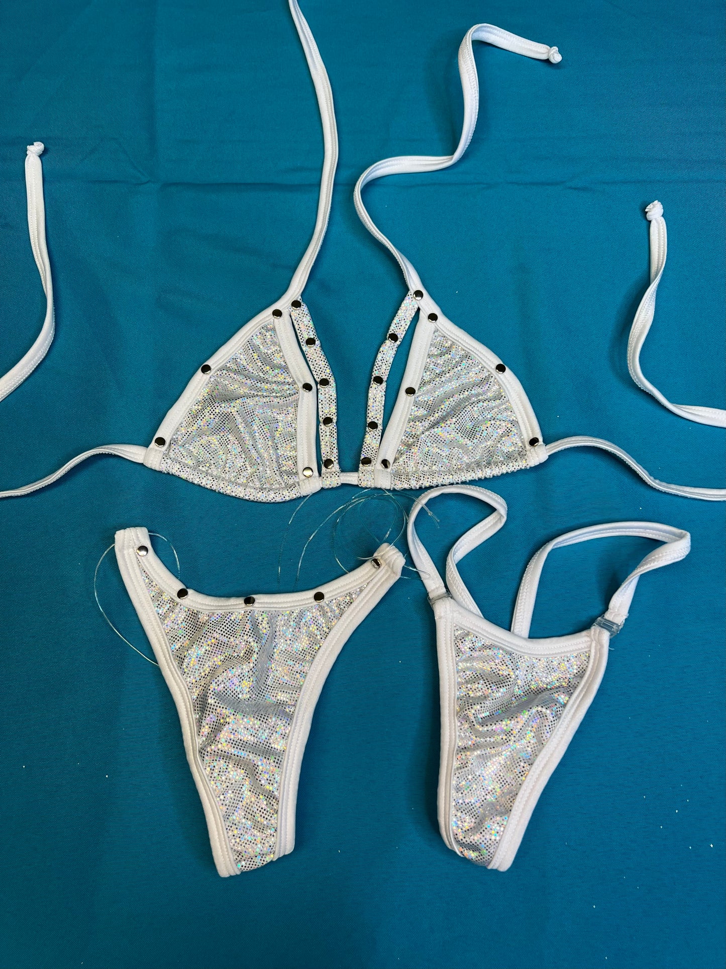 White Silver Sparkle Exotic Dance Wear Bikini Set Lingerie Outfit