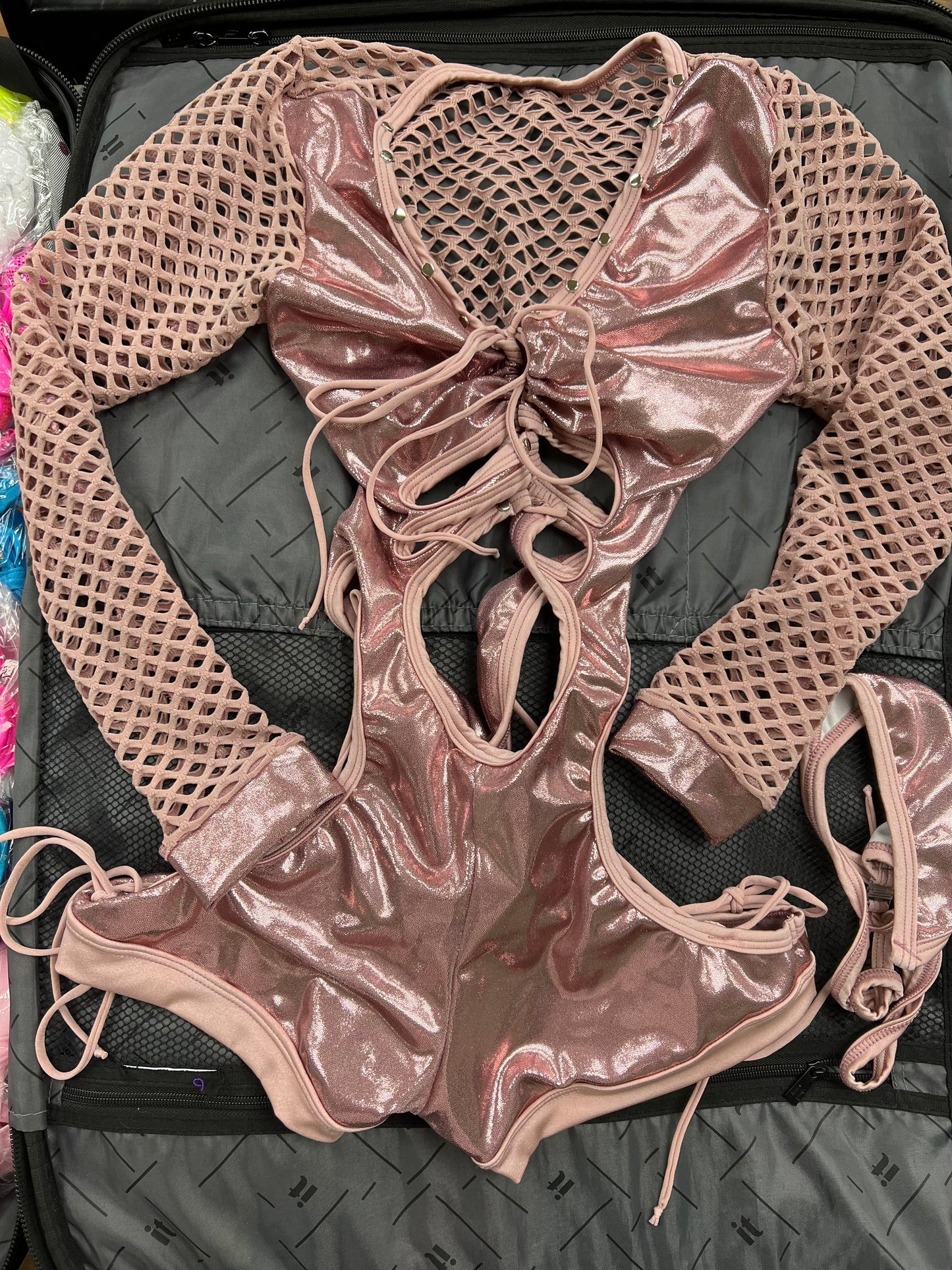 One-Piece Pink Shimmer Stretch Fabric/Nude Fishnet Romper