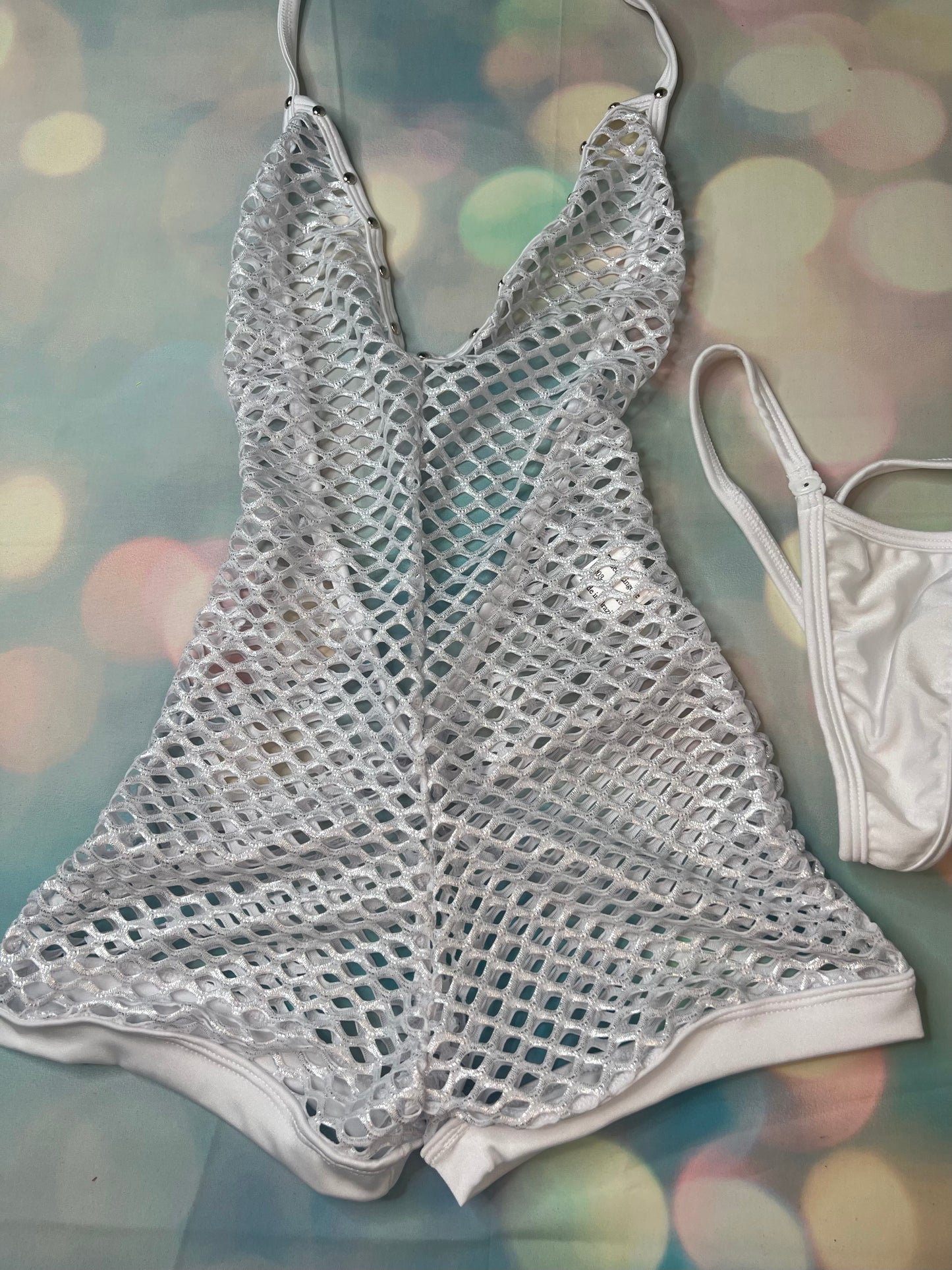 Glamorous Metallic White Fishnet One-Piece Exotic Dance Wear