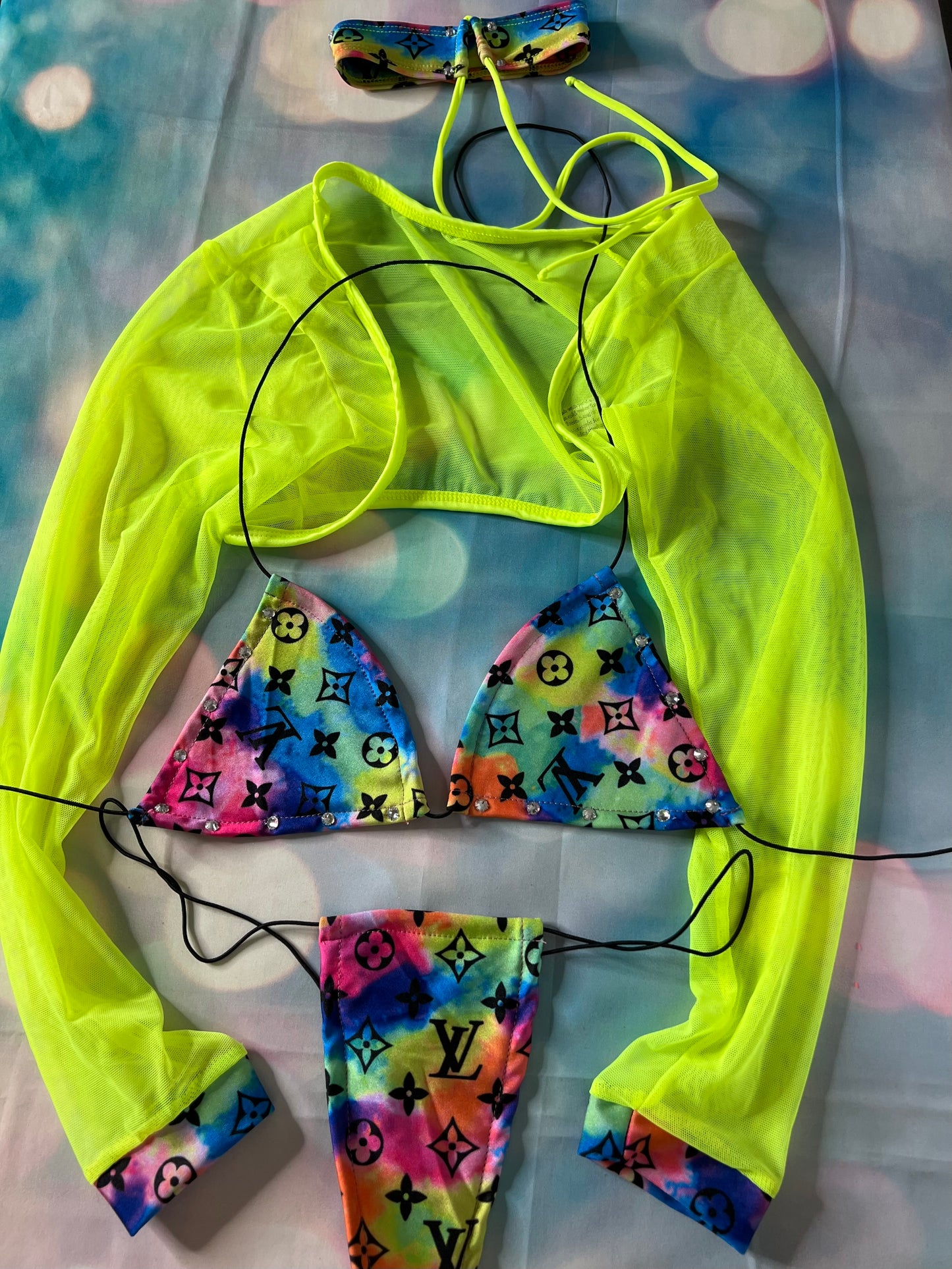 Neon Yellow Tie Dye Exotic Dancewear Outfit, Stripper & Choker