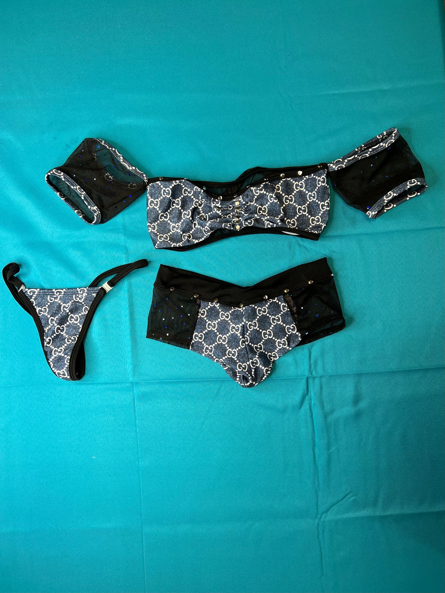 Two-Piece Denim Print Stretch Fabric/Black Mesh Exotic Dance
