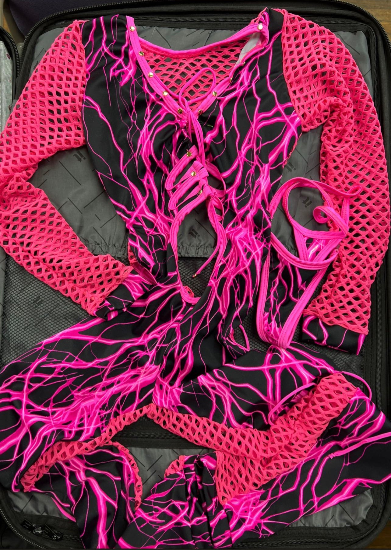 Exotic Dance Wear Hot Pink Fishnet Long-Sleeve Body Suit
