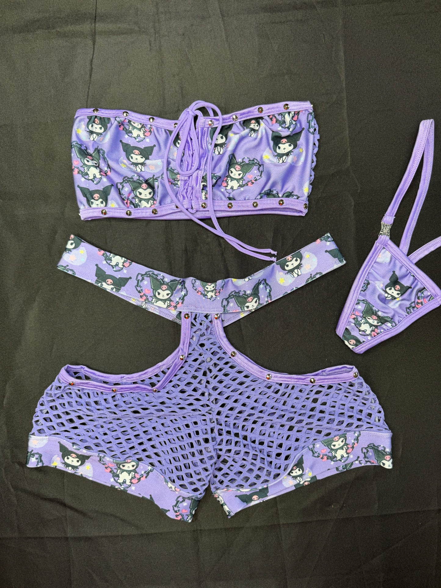 Kuromi Spandex/Lavender Fishnet Tube-Top/Shorts Lingerie Outfit
