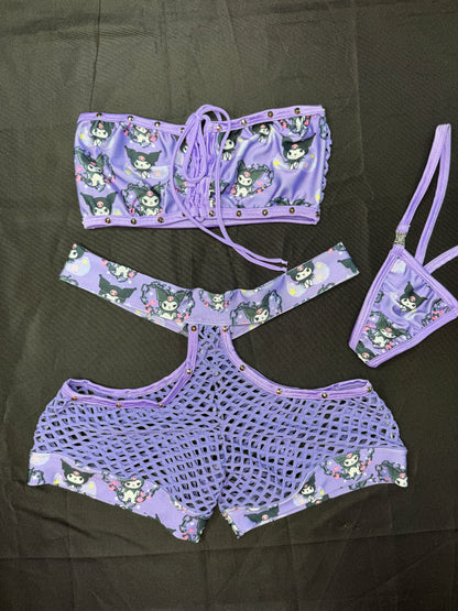 Kuromi Spandex/Lavender Fishnet Tube-Top/Shorts Lingerie Outfit