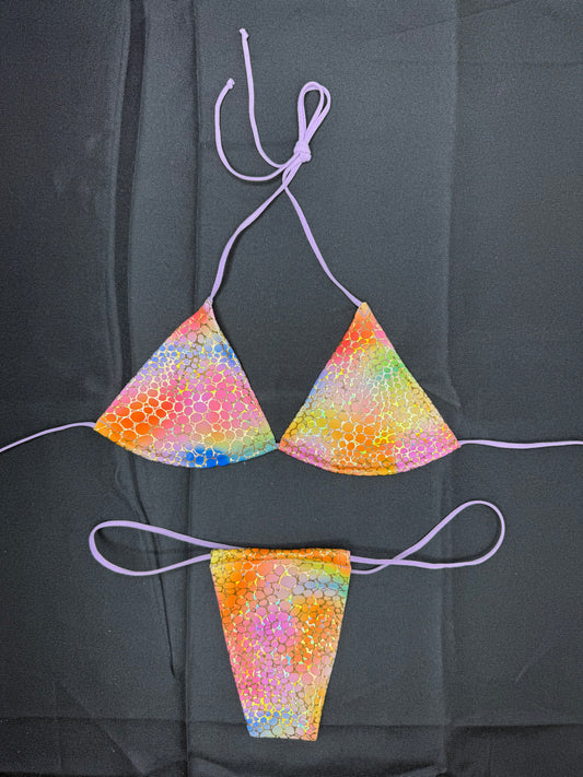 Rainbow Animal Print Spandex Two-Piece Micro Bikini Lingerie Outfit