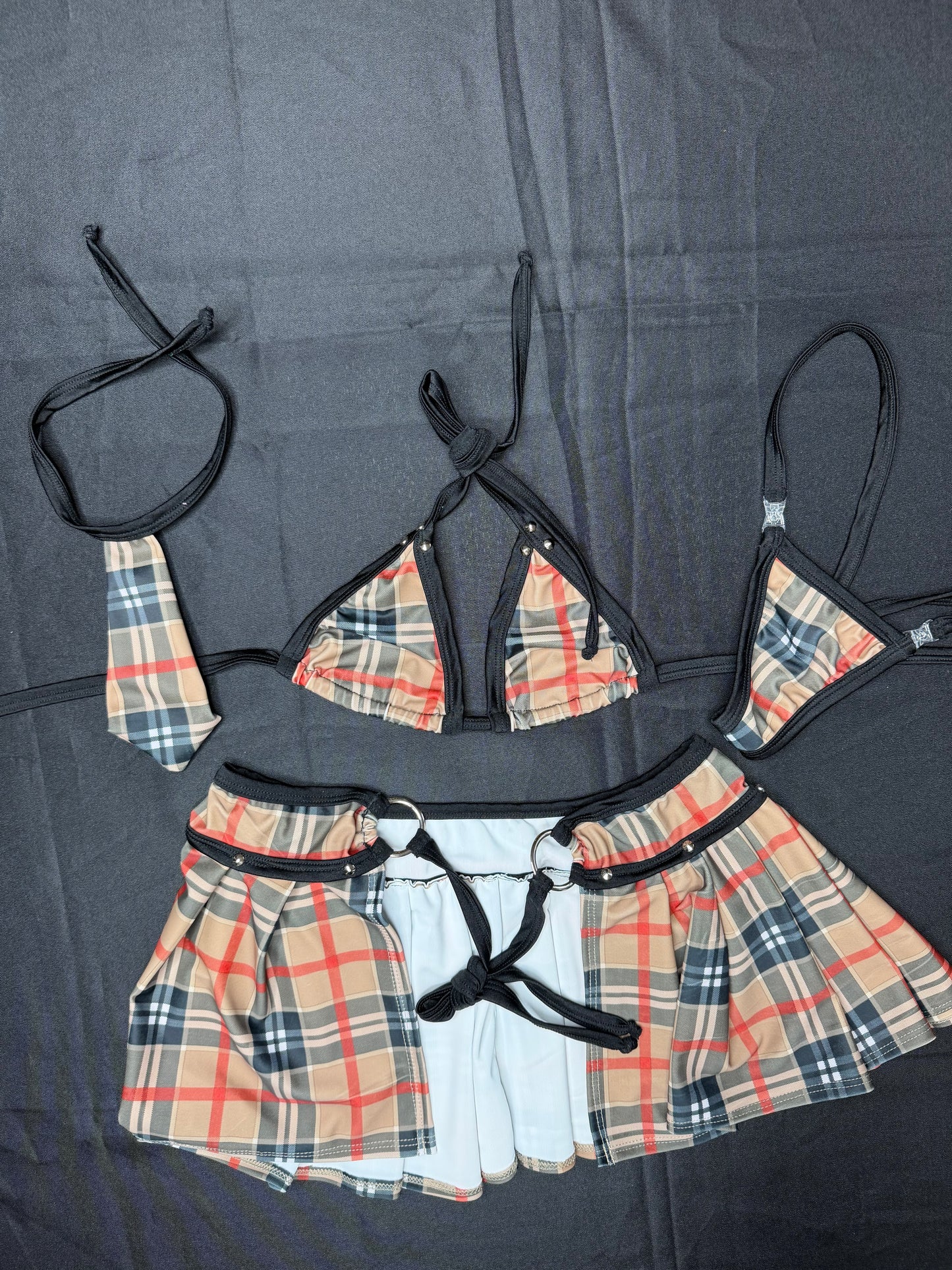 Black/Brown Plaid Spandex Bikini Top Skirt with Tie Lingerie Outfit