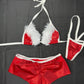 Red/White Spandex/Fur Three-Piece Bikini Top/Shorts With Hat Lingerie Outfit