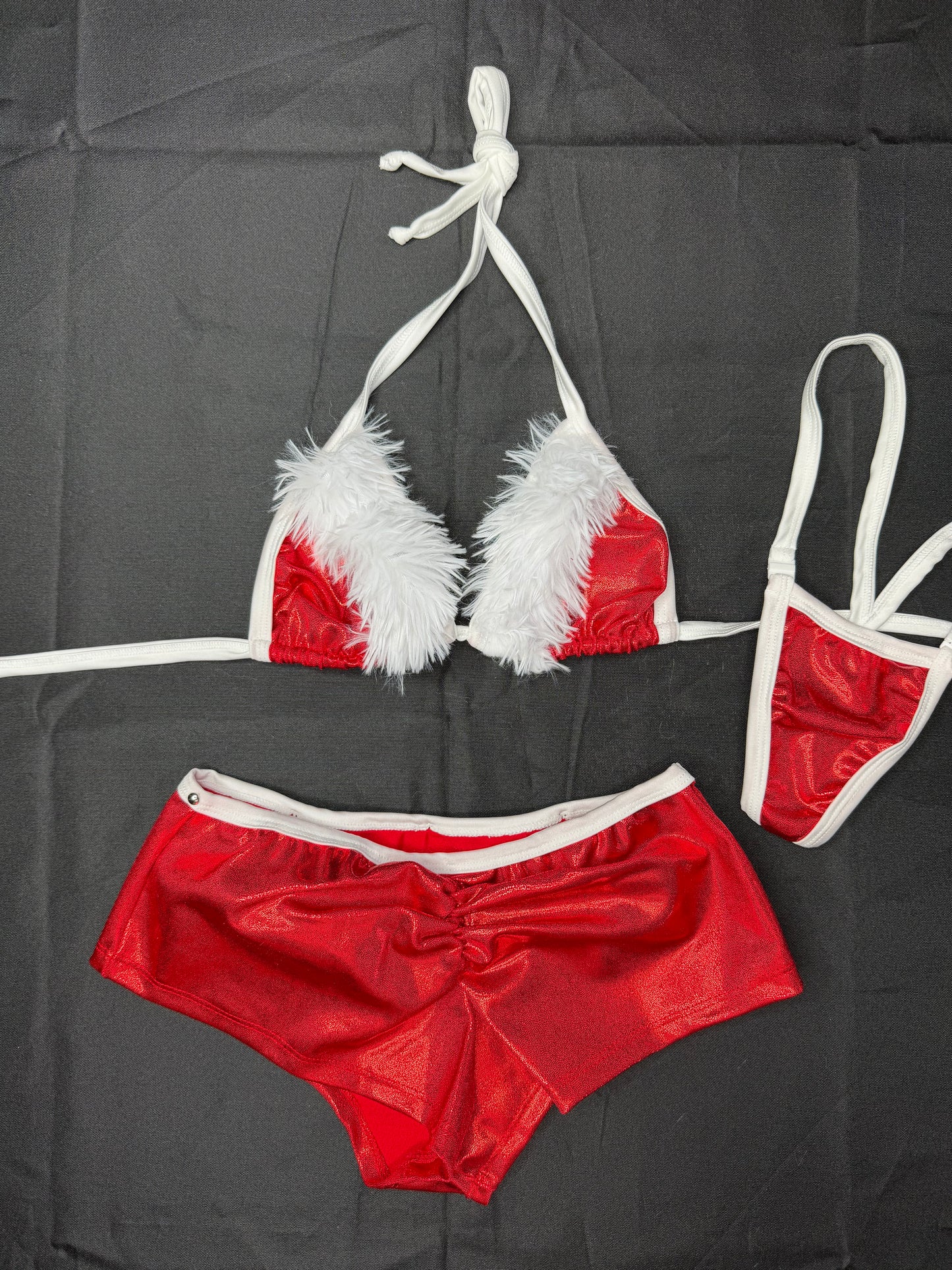 Red/White Spandex/Fur Three-Piece Bikini Top/Shorts With Hat Lingerie Outfit