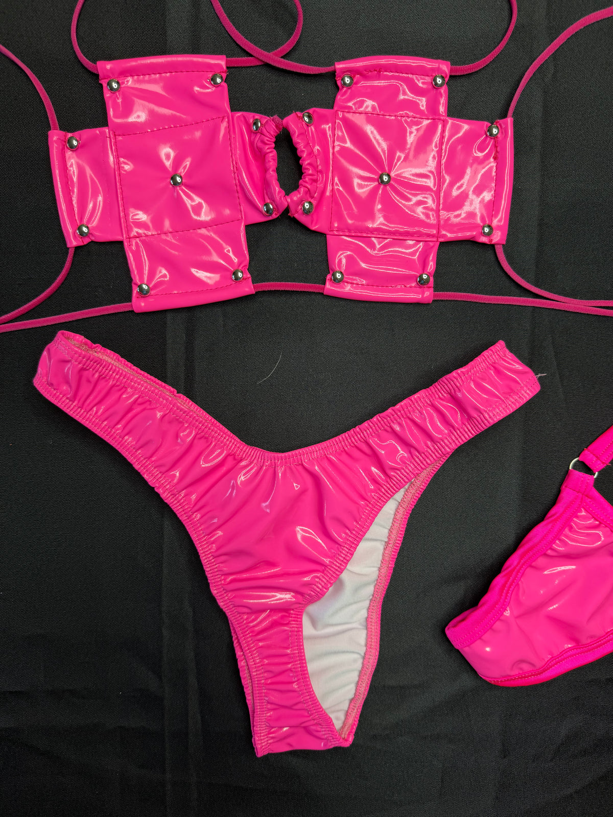 Hot Pink Vinyl Cross Bikini Cheeky Thong Two-Piece Lingerie Outfit