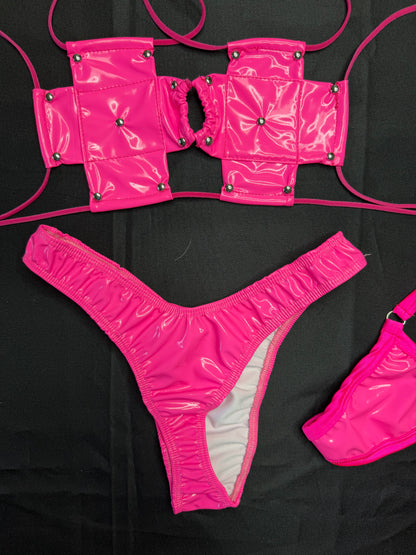 Hot Pink Vinyl Cross Bikini Cheeky Thong Two-Piece Lingerie Outfit