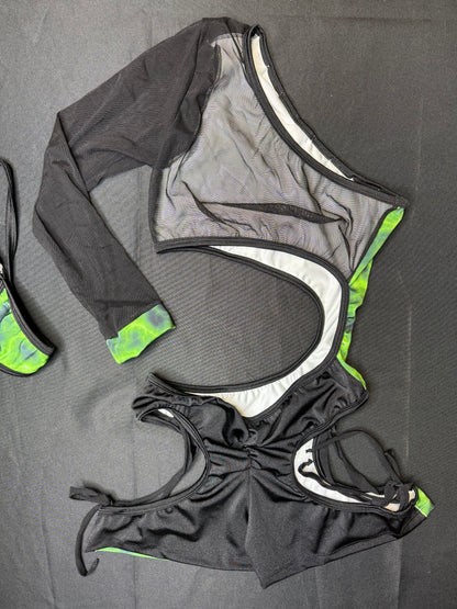 Neon Green/Black Single Sleeve One-Piece Romper Lingerie Outfit