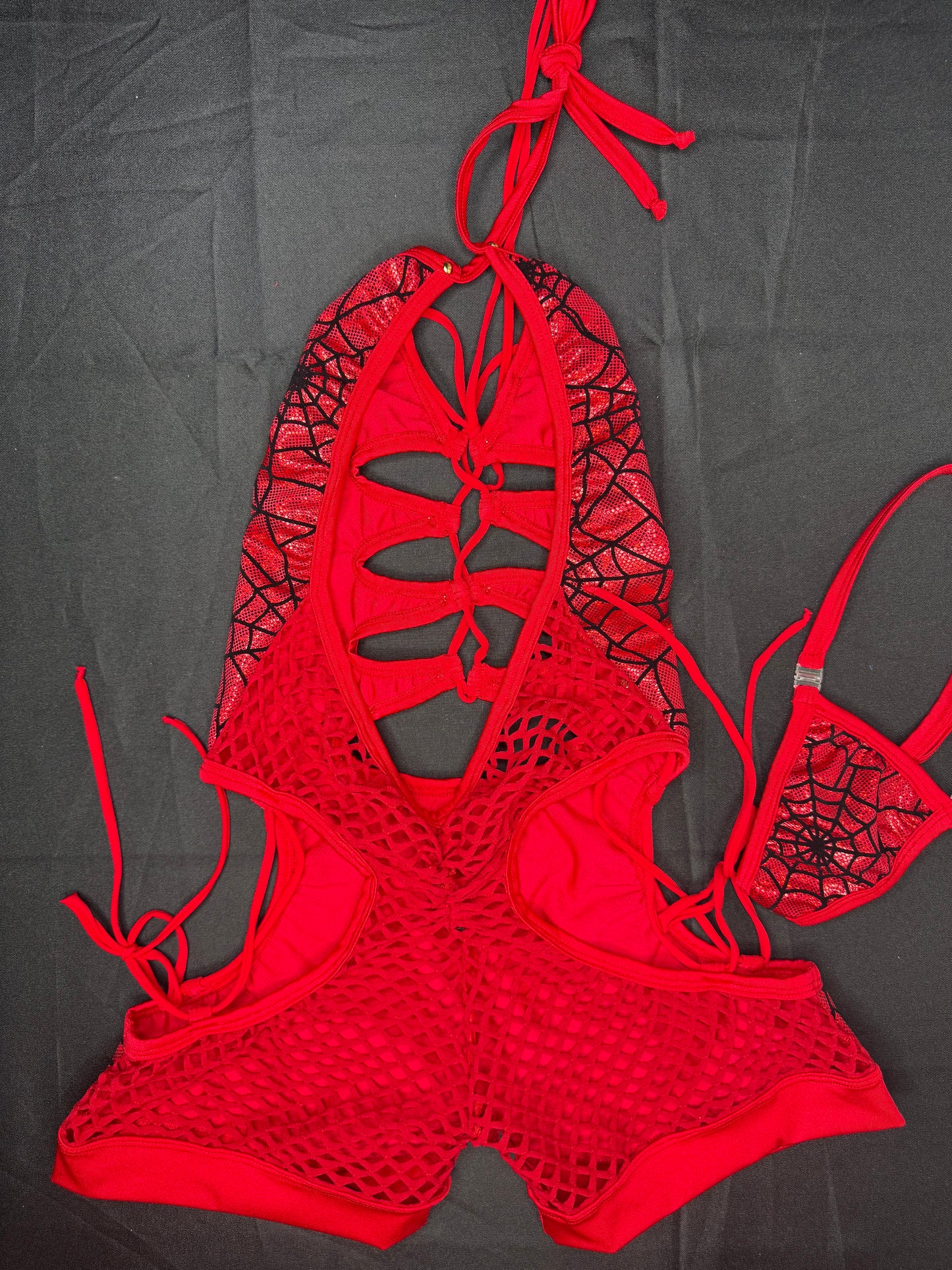 Red Spandex Spider Web One-Piece Romper Lingerie Outfit