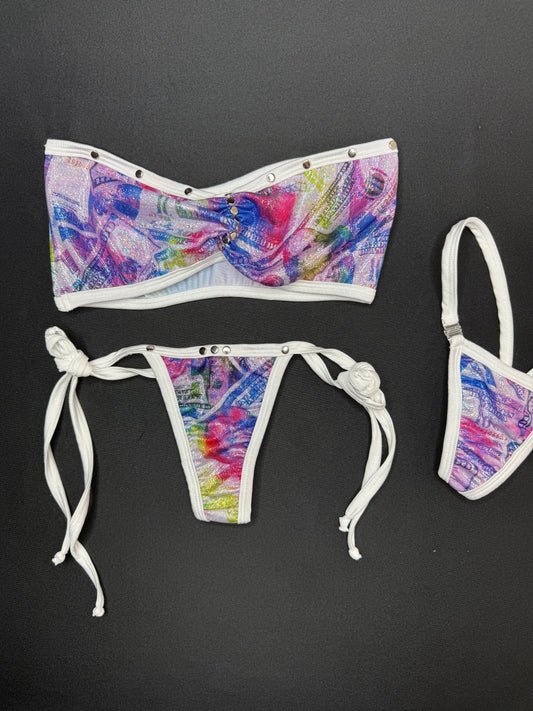 Holographic Rainbow Print/White Spandex Tube-Top Side Tie Bikini Bottoms
