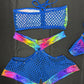 Royal Blue Fishnet Animal Holographic Print Rainbow Spandex Two-Piece Shorts/Tube Top Lingerie Outfit