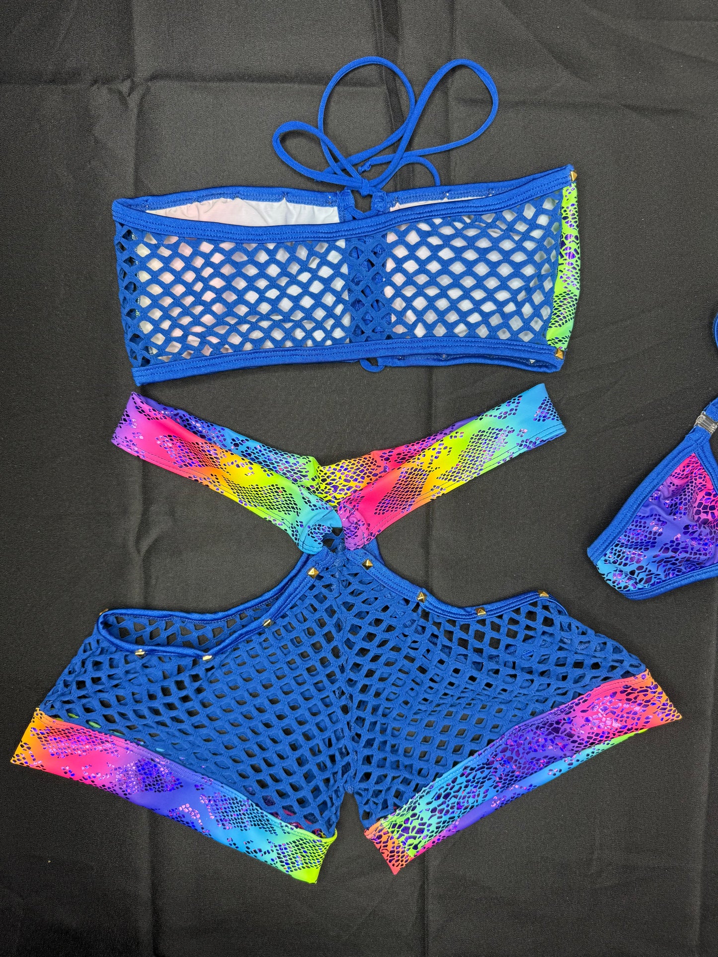 Royal Blue Fishnet Animal Holographic Print Rainbow Spandex Two-Piece Shorts/Tube Top Lingerie Outfit