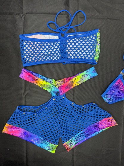 Royal Blue Fishnet Animal Holographic Print Rainbow Spandex Two-Piece Shorts/Tube Top Lingerie Outfit