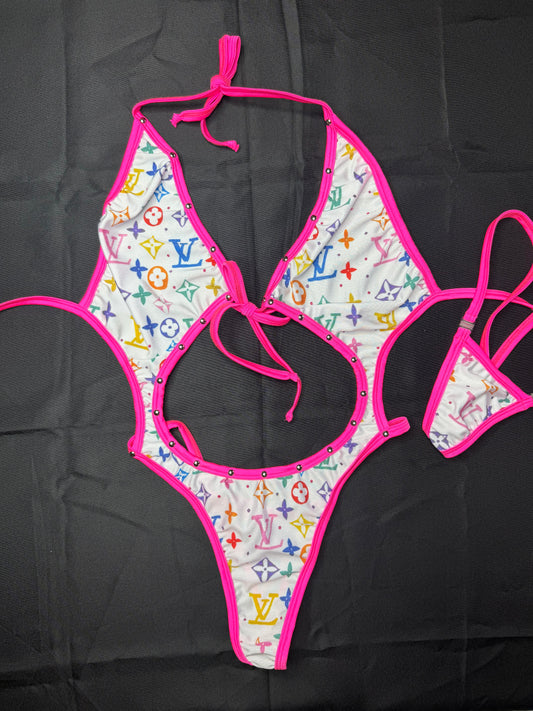 Design White/Hot Pink Spandex One-Piece Lingerie Outfit