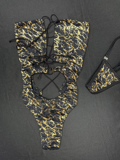 Black/Gold Spandex One-Piece Lingerie Outfit