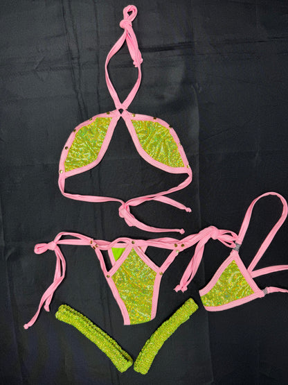 Metallic Lime Green/Baby Pink Spandex Two-Piece Bikini Garters Lingerie Outfit