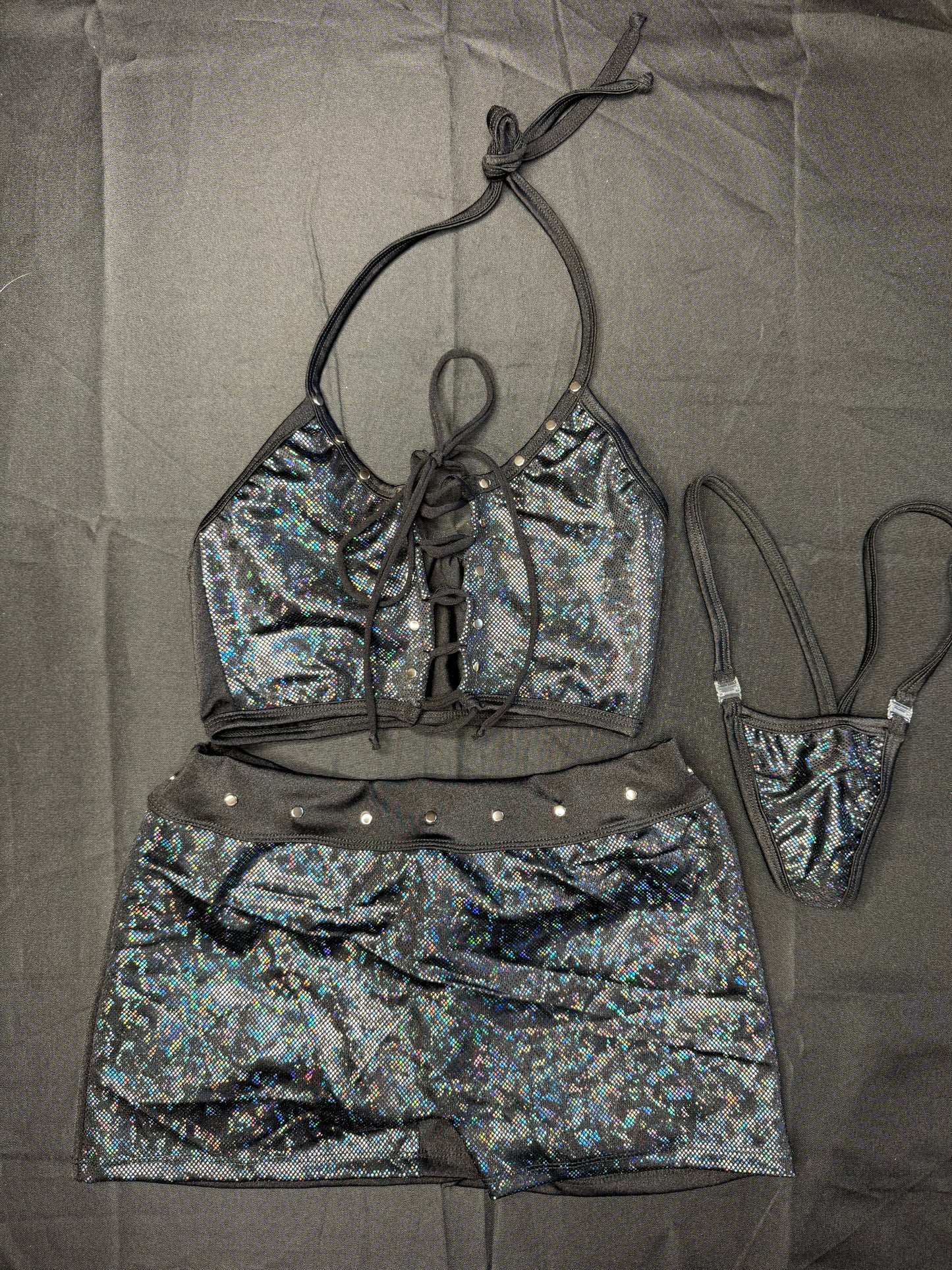 Metallic Black Sports Bra/Shorts Two-Piece Lingerie Outfit