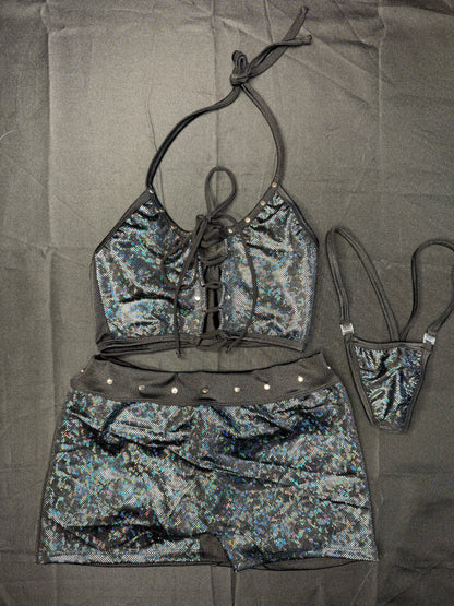 Metallic Black Sports Bra/Shorts Two-Piece Lingerie Outfit