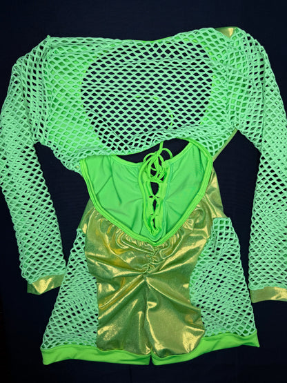 Metallic Neon Green Spandex One-Piece Romper Lingerie Outfit