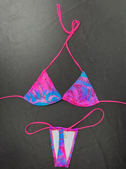 Pink/Blue Ombré Print Spandex Two-Piece Micro Bikini Lingerie Outfit