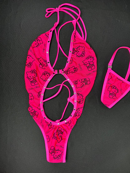 Hot Pink One-Piece Kitty Lingerie Outfit