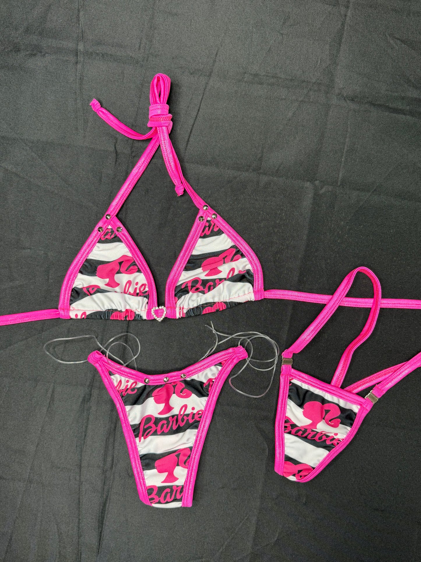 Hot Pink/White Designer Spandex Two-Piece Bikini Lingerie Outfit