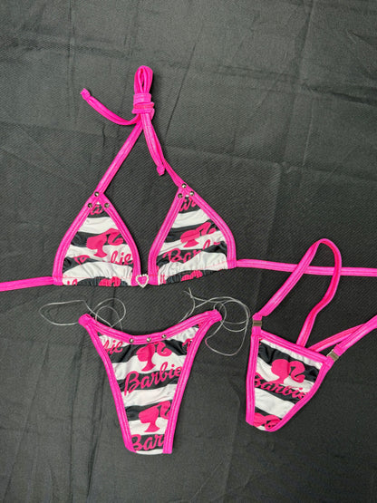 Hot Pink/White Designer Spandex Two-Piece Bikini Lingerie Outfit