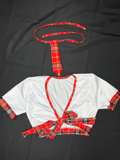Bright Red/Orange/White Plaid Spandex Two-Piece Skirt with Tie School Girl Lingerie Outfit