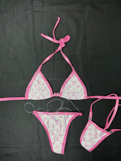White/Baby Pink Designer Spandex Two-Piece Bikini Lingerie Outfit