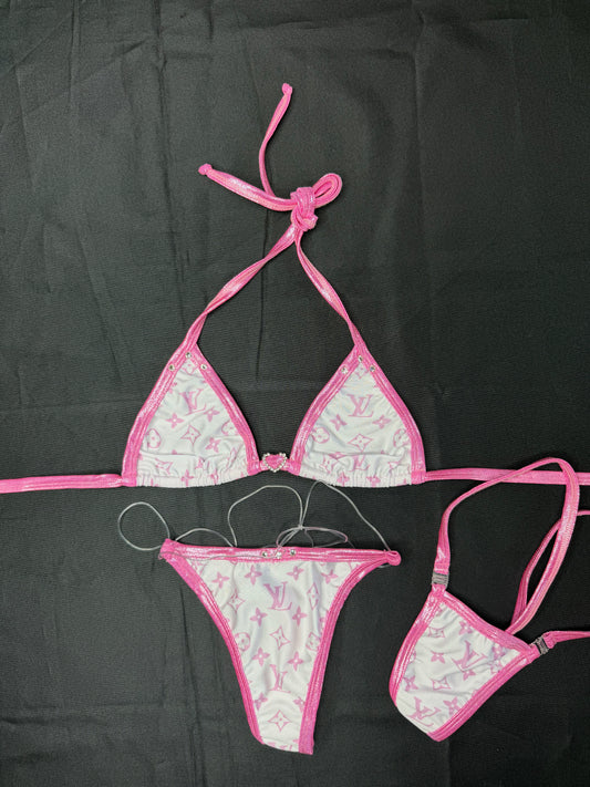 White/Baby Pink Designer Spandex Two-Piece Bikini Lingerie Outfit
