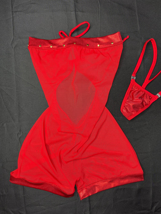 Metallic Red Spandex/Red Mesh One-Piece Lingerie Outfit