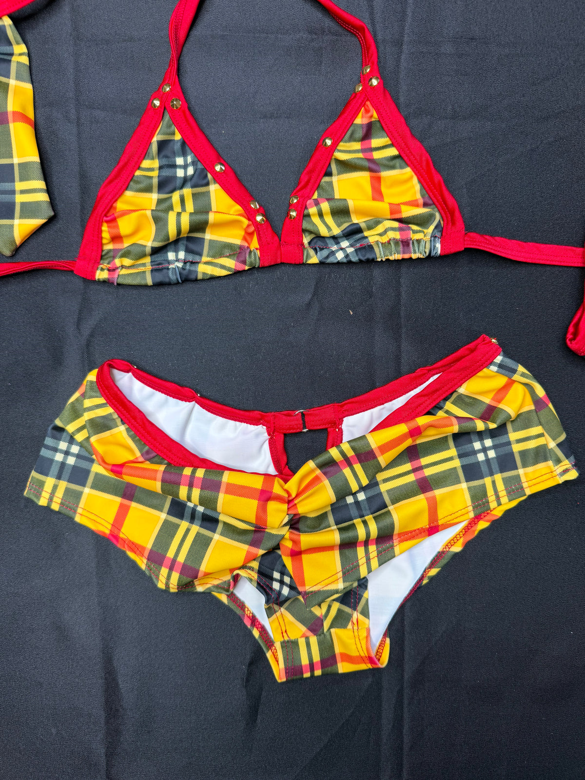 Yellow Plaid Two-Piece Shorts Neck Tie School Girl Lingerie Outfit