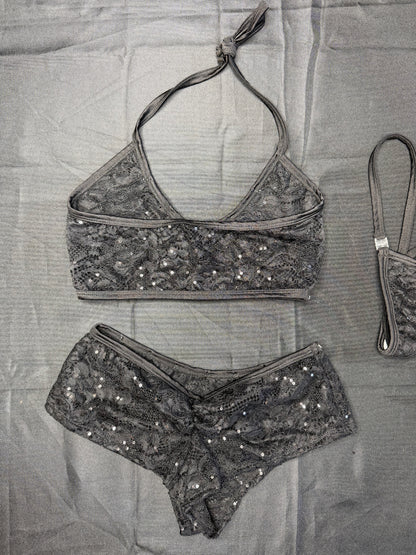 Black Lace Sports Bra/Shorts Two-Piece Lingerie Outfit