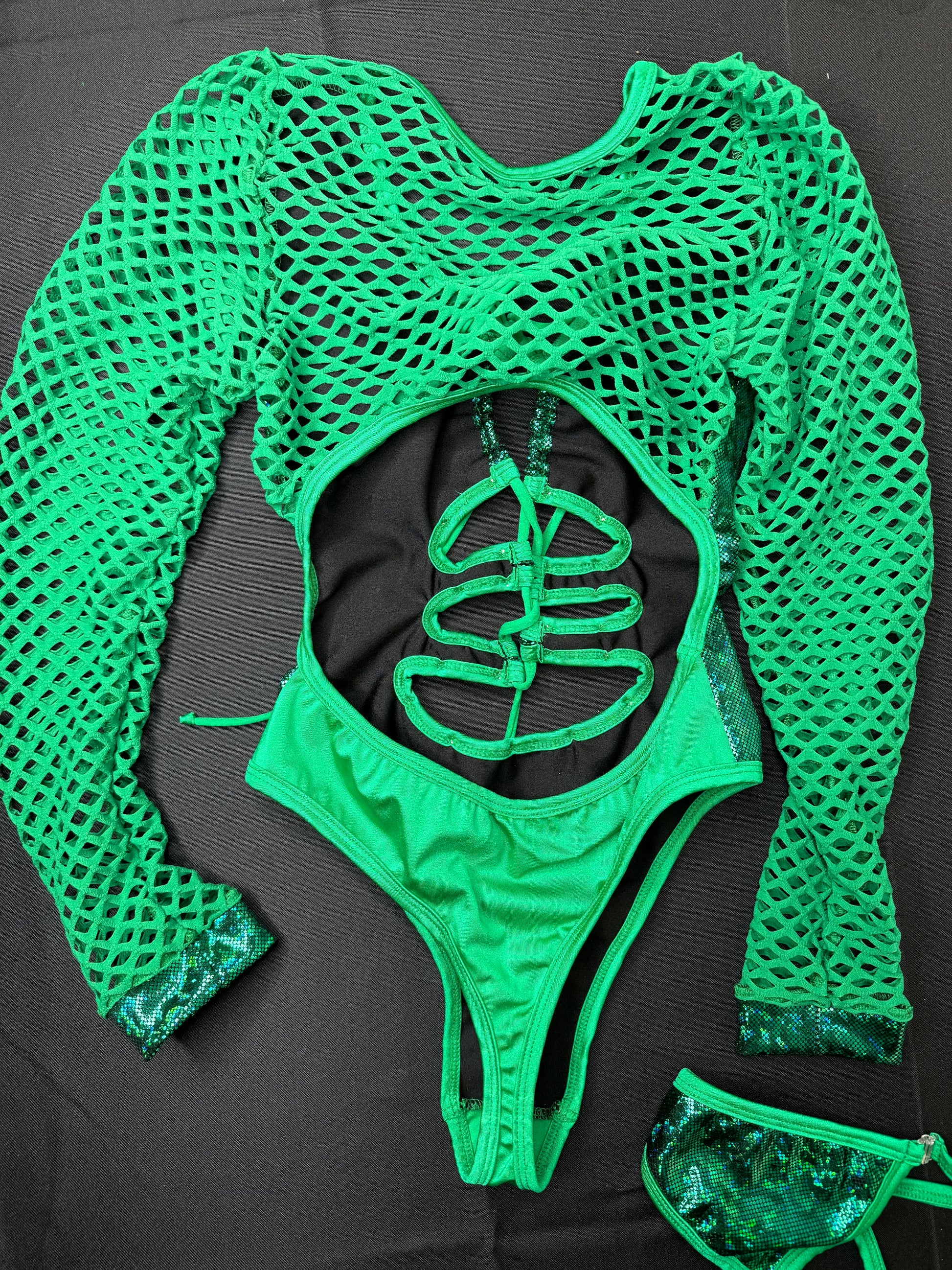 Metallic Green/Green Fishnet Saint Patrick’s Leotard One-Piece Outfit