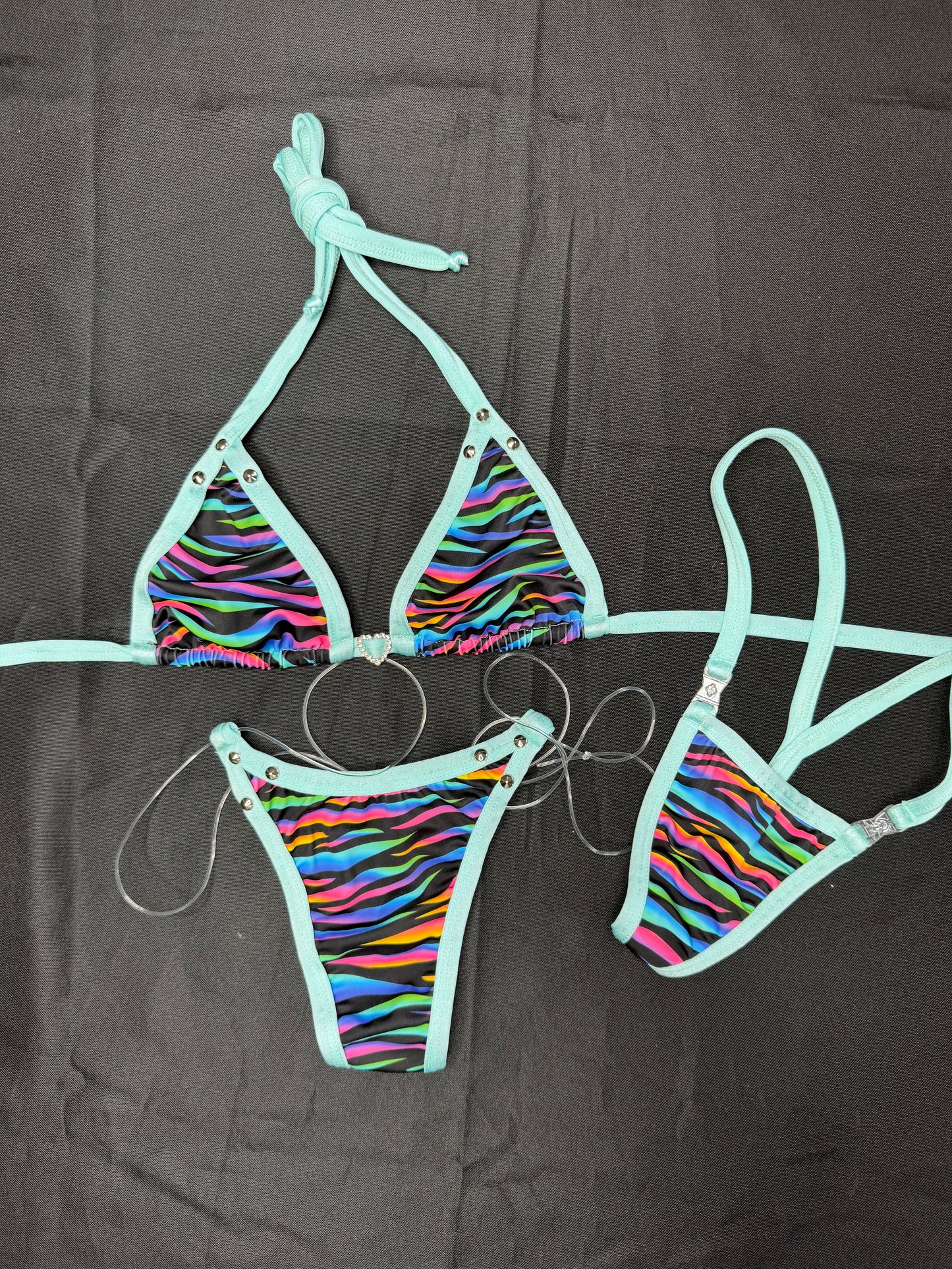 Cyan/Stripes Spandex Two-Piece Bikini Lingerie Outfit