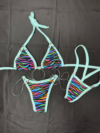 Cyan/Stripes Spandex Two-Piece Bikini Lingerie Outfit
