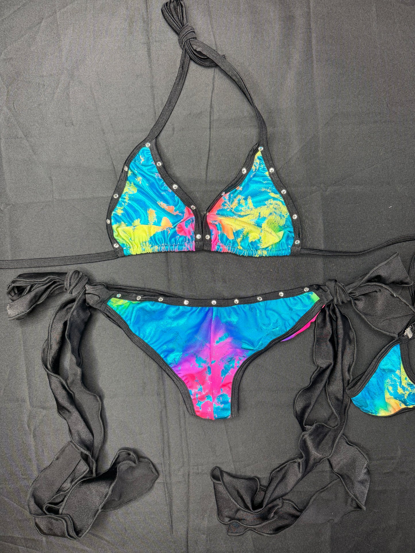 Black/Rainbow Spandex Two-Piece Bikini Lingerie Outfit