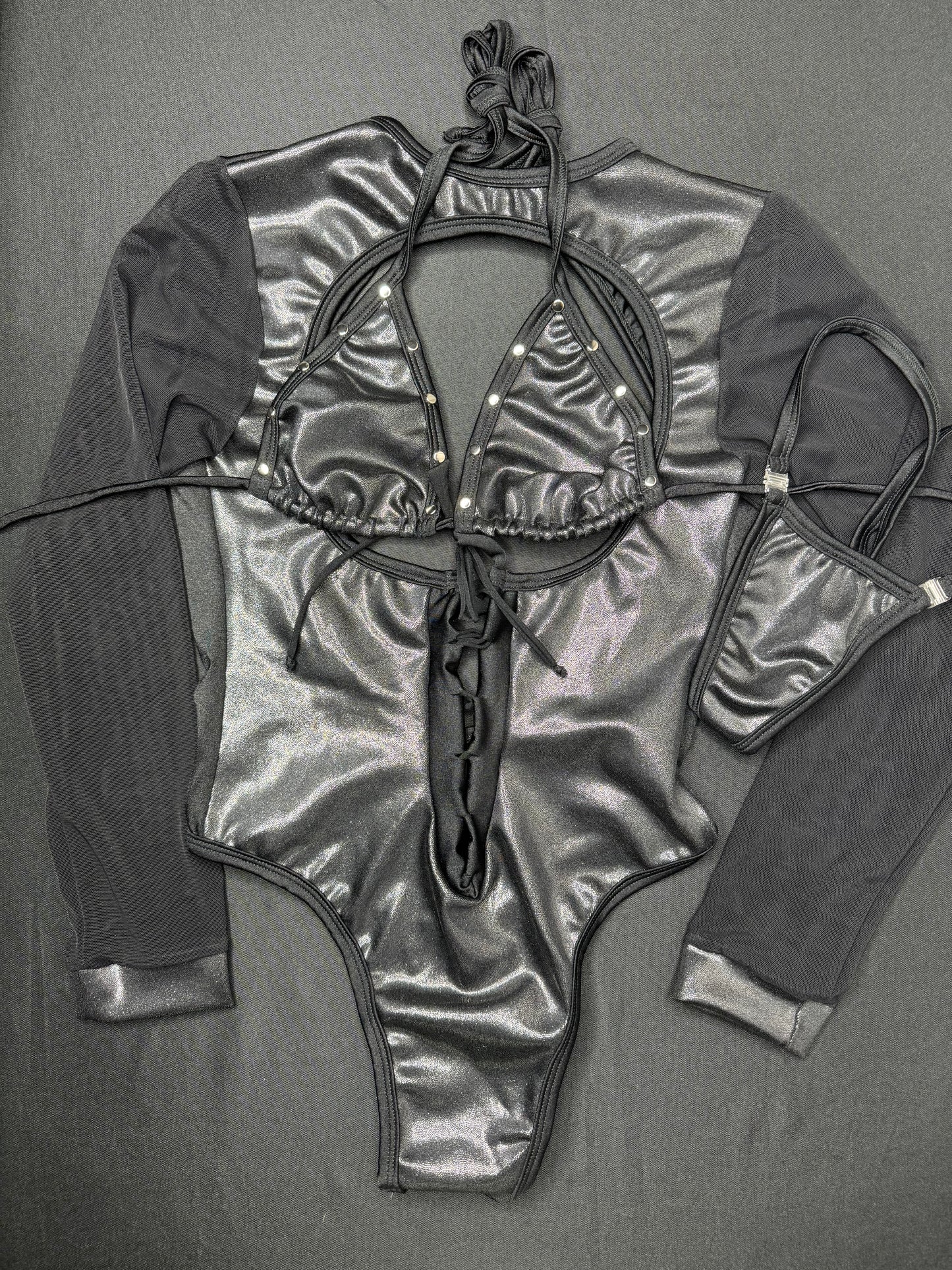 Metallic Black/Black Mesh One-Piece Leotard Lingerie Outfit