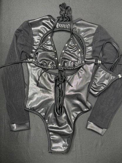 Metallic Black/Black Mesh One-Piece Leotard Lingerie Outfit