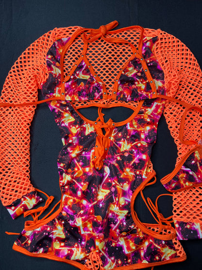 Star Print/Orange Spandex Fishnet Romper Bikini Top One-Piece Lingerie Outfit