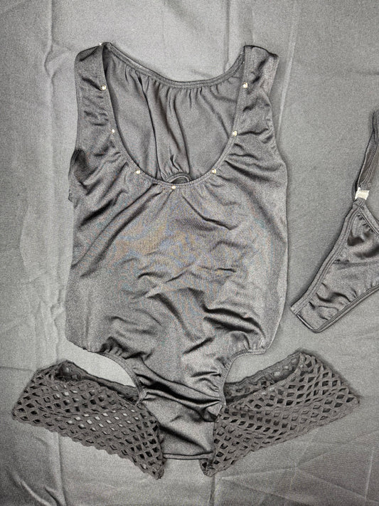 Black Spandex/Fishnet One-Piece Romper Lingerie Outfit